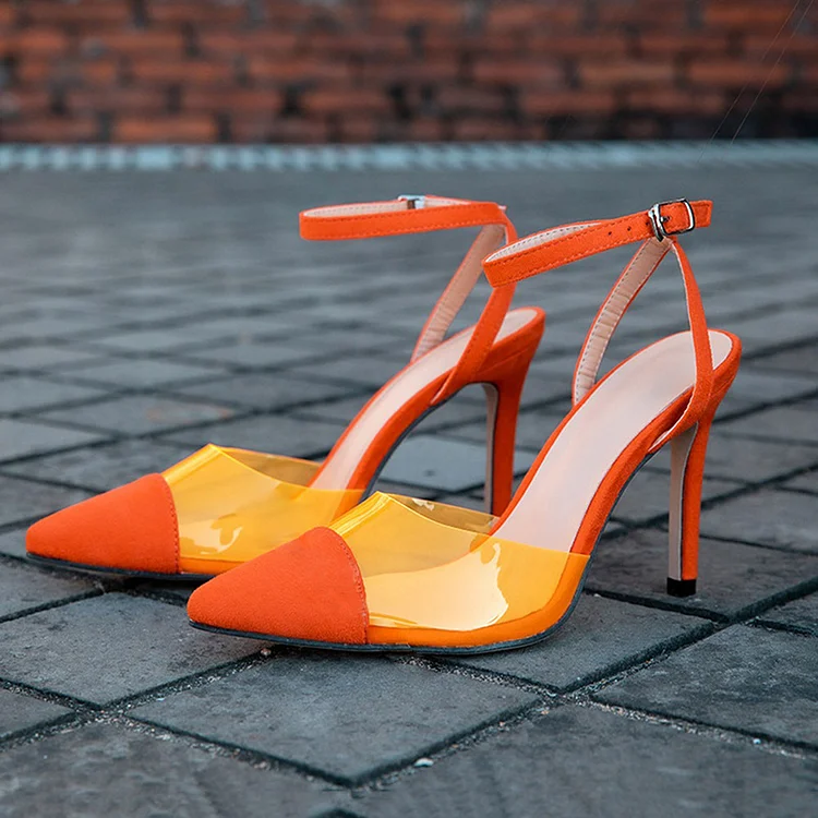 Orange Pointed Stiletto Heel Shoes Women's Ankle Strap Suede Pumps |FSJ Shoes