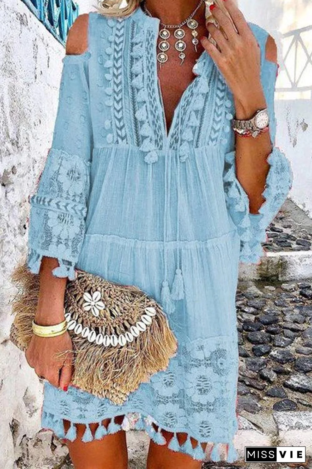 Cutout Shoulder Lace Tasseled Short Dress