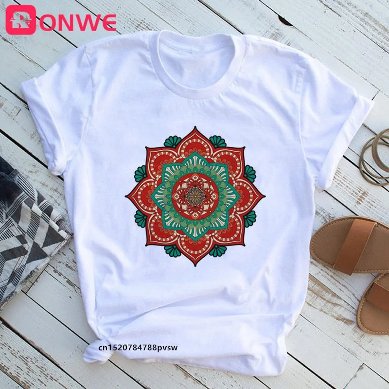 Mandala Flowers Stripes Thermo Funny Women T-shirt Girl  Summer 90S Print Tops Tee,Drop Ship