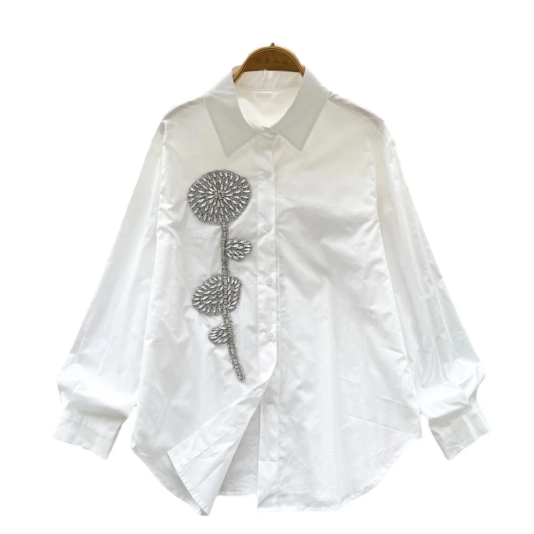 Nigikala Nigikala Day Shirt Women 2025 New French Heavy Industry Diamond Three-Dimensional Flowers Loose Thin Single-Drilled Chic Shirt