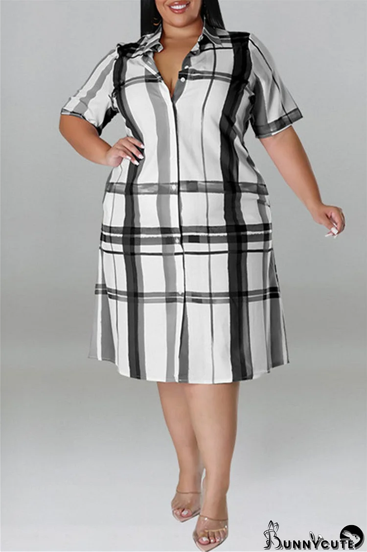 Black Fashion Casual Plus Size Plaid Print Patchwork Turndown Collar Shirt Dress