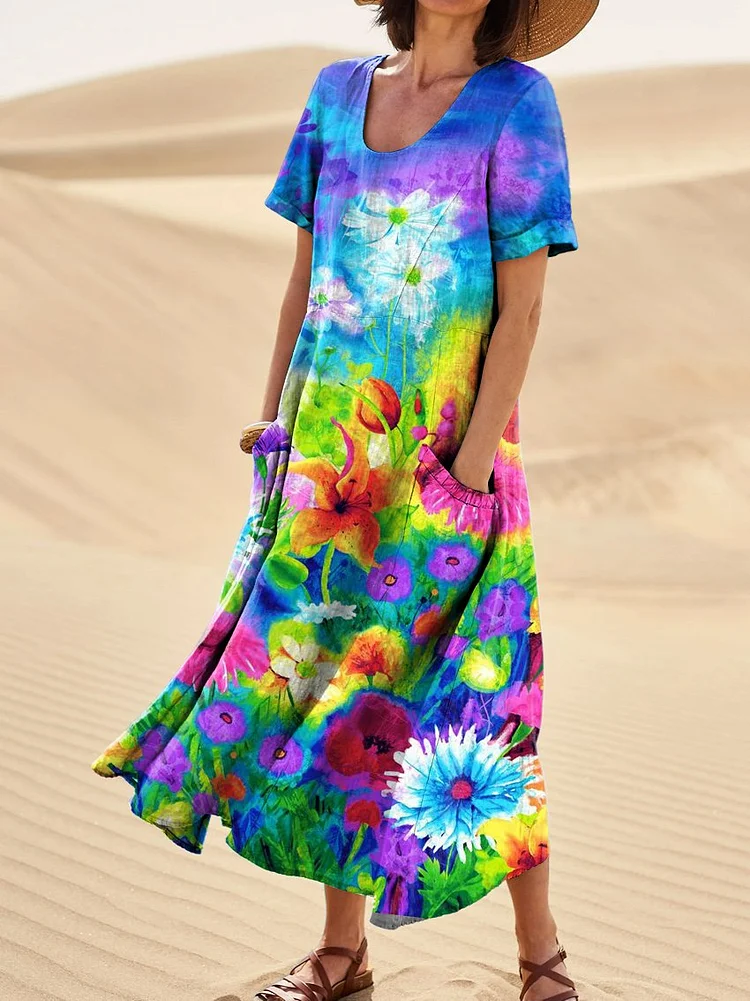Rainbow Floral Print Women's Linen Pocket Dress