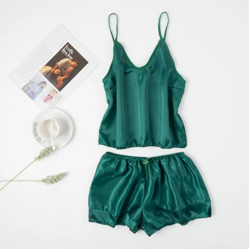 Women's Sleepwear Sexy Satin Pajama Set V-Neck Pyjamas Sleeveless Cami Top and Lotus Leaf Edge Comfortable Shorts Two Piece Sets