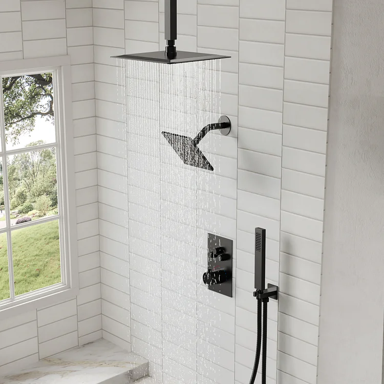 EVERSTEIN SFS1007-BK12 Thermostatic Ceiling-Mounted Rainfall Shower System with Dual Heads and Rough-in Valve