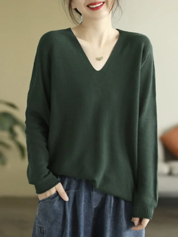 Solid Color Loose Long Sleeves V-Neck Sweater Tops