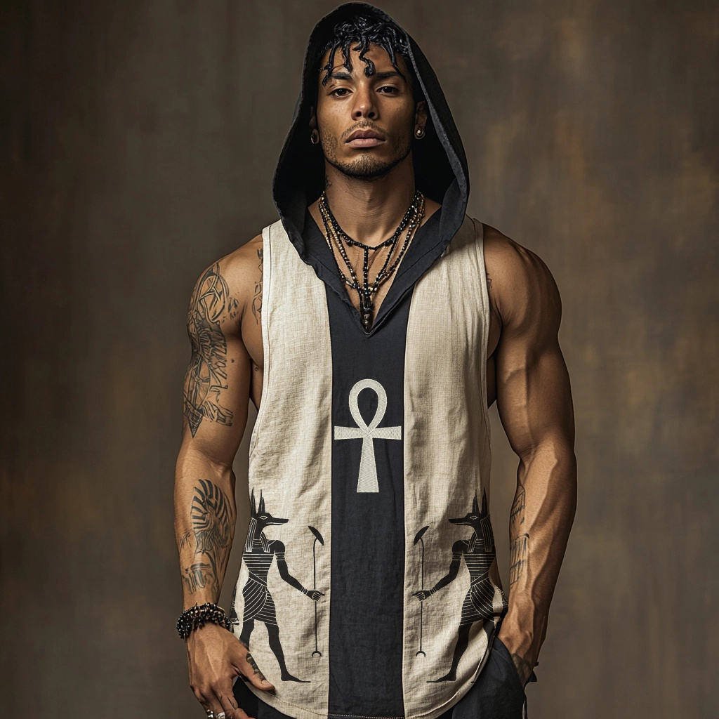 Egyptian God Anubis & Ankh Cross Hooded Linen Vest