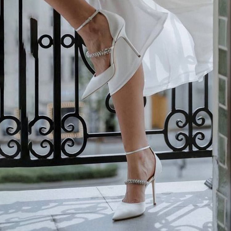 TAAFO Ivory Suede Pumps Pointed Toe Rhinestones Shoes Wedding Stiletto Heels