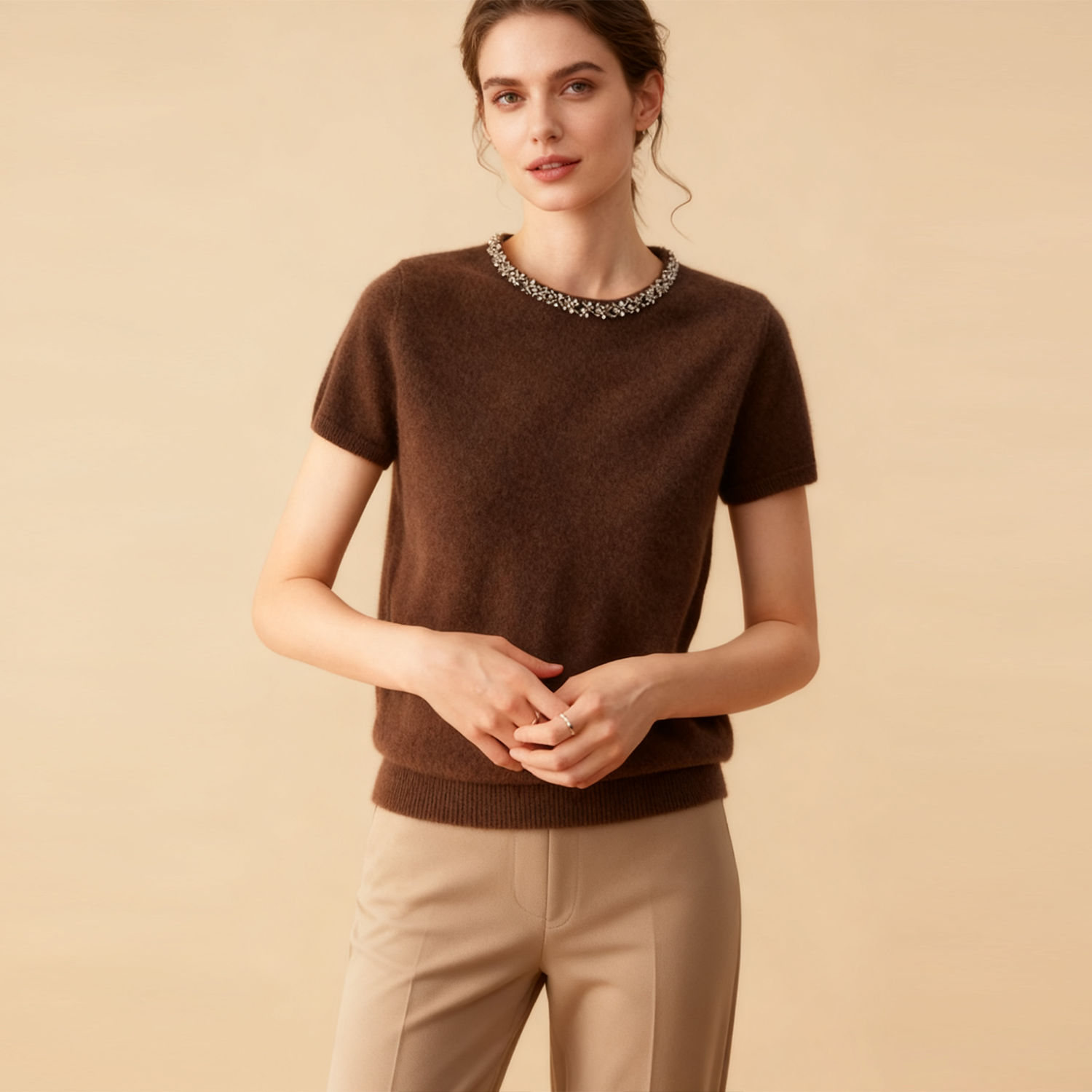 Women's Short-Sleeve Cashmere Vest Crystal Beading  REAL SILK LIFE