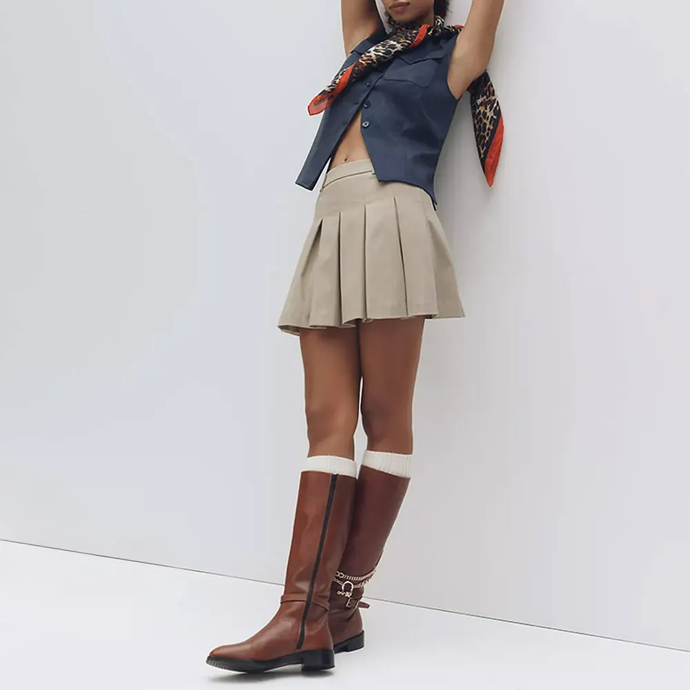Round Toe Chunky Heel Buckle Side Zipper Tall Boots for Women in Brown
