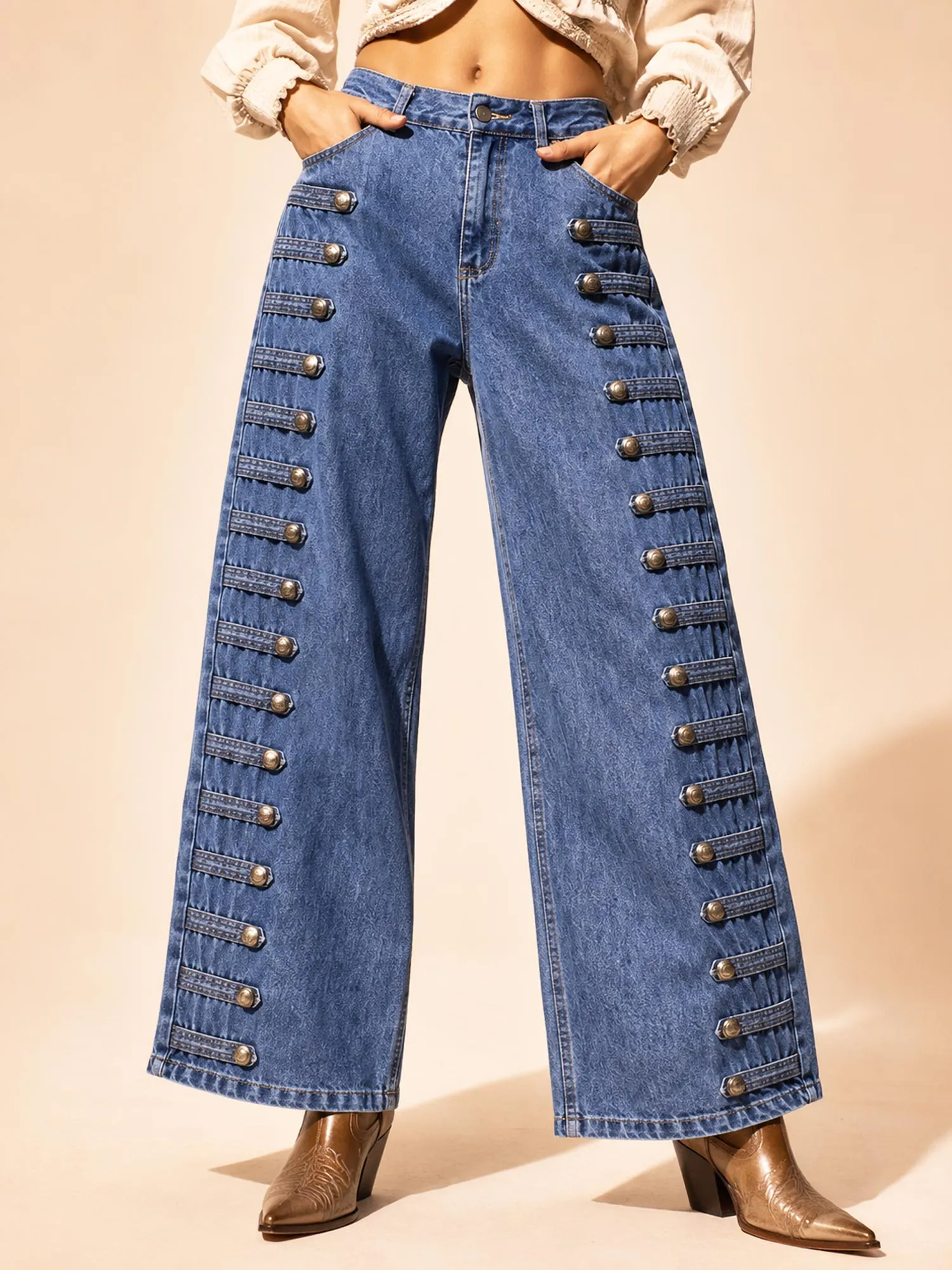 Perfect for Country Music Festivals &mdash; Blue Women's Silver Button Stitched Wide-Leg Cotton Denim Jeans（Belt not included）