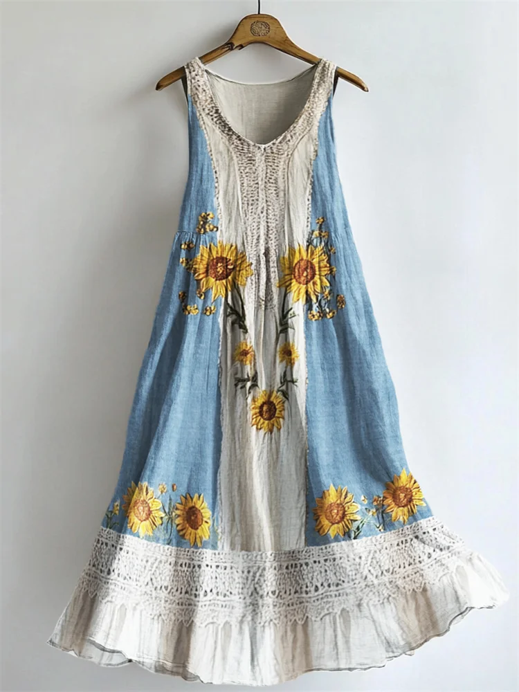 VChics Boho Sunflowers Embroidered Lace Patchwork Flowy Linen Dress