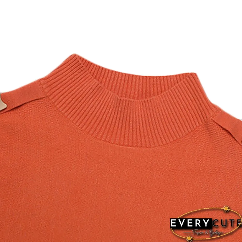 Orange Bat Sleeve Button Shoulder High Collar Sweater
