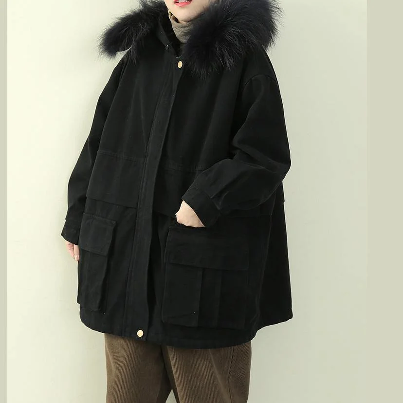 Luxury black winter coats plus size clothing hooded faux fur collar overcoat