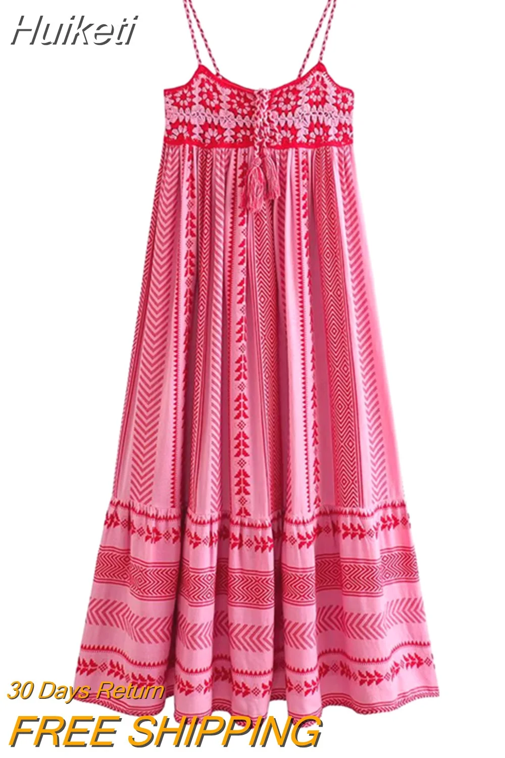 Huiketi Women's Fashion Embroidery Printed Pleat Suspender Sleeveless Off Shoulder Dresses Summer Vacation Beach Dress Vestidos