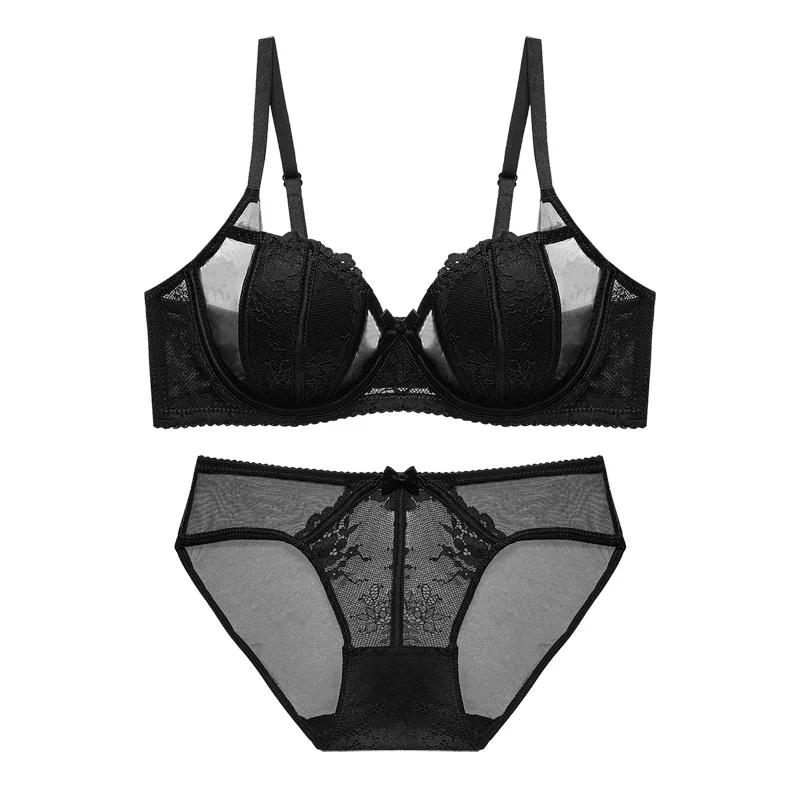 Billionm Sexy Lace Embroidery Push Up Bra Set Women Mesh Breathable Lingerie Ultra Thin 1/2 Cup Plus Size Underwear Bra Briefs Set