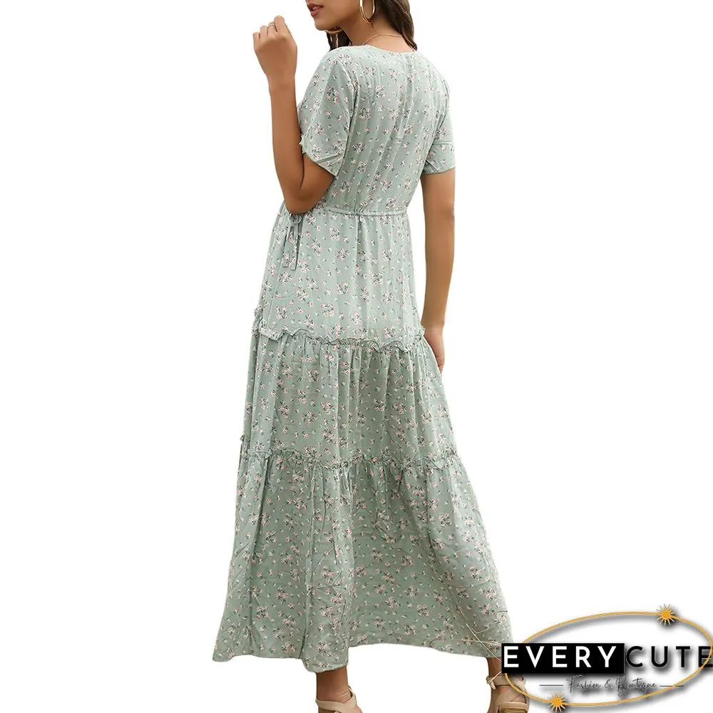 Green Tiered Ruffle Detail V Neck Floral Dress