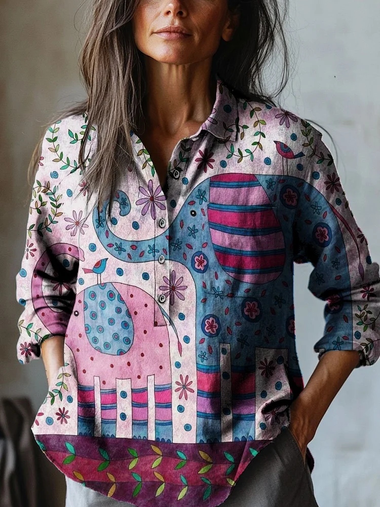 Women's Vintage Floral Elephant Art Print Casual Cotton And Linen Shirt
