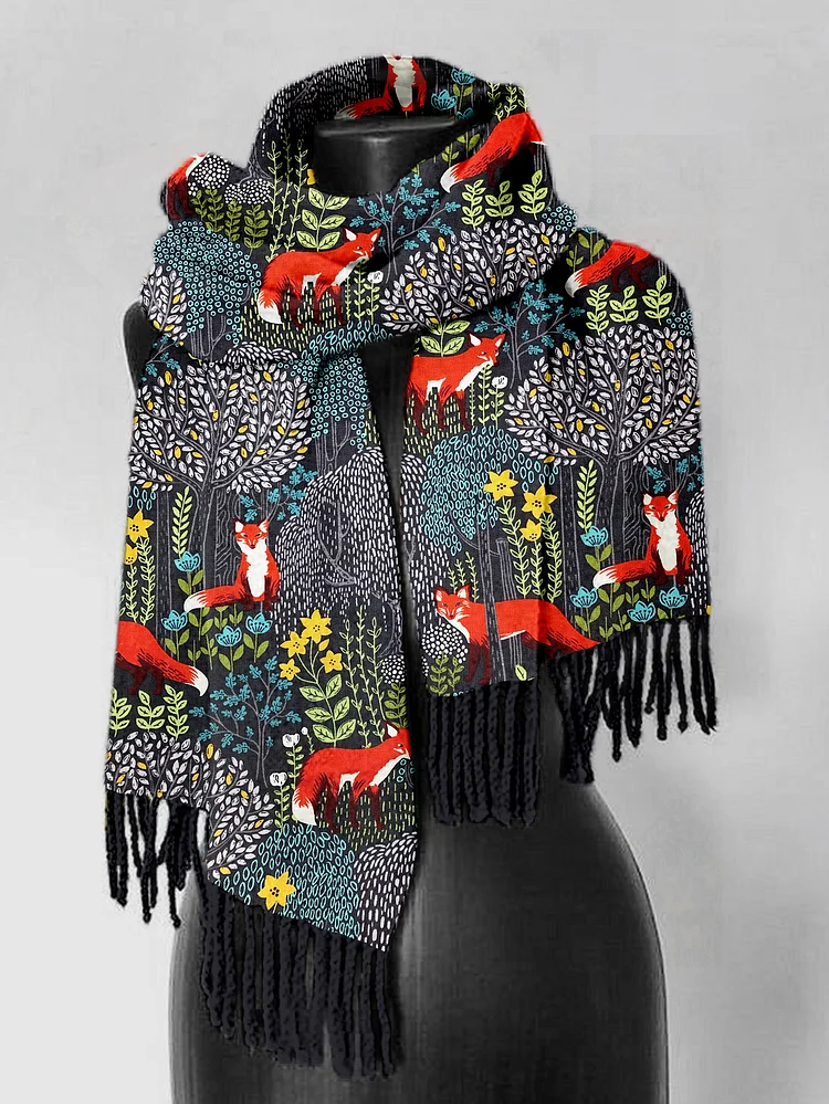 Fox in the Forest Graphic Comfy Tassel Scarf