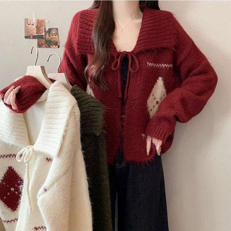 Athvotar Athvotar Atmosphere Feels Small Korean Linge Collar With Sweater Women Winter Lazy Wind Loose Soft Knitted Open Shirt