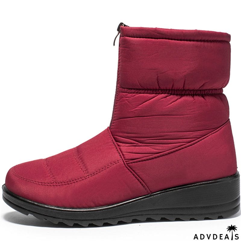 Waterproof Front Zipper Plush Ankle Boots