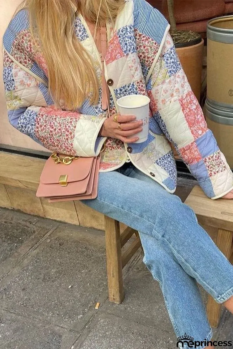 Casual Print Patchwork V Neck Outerwear