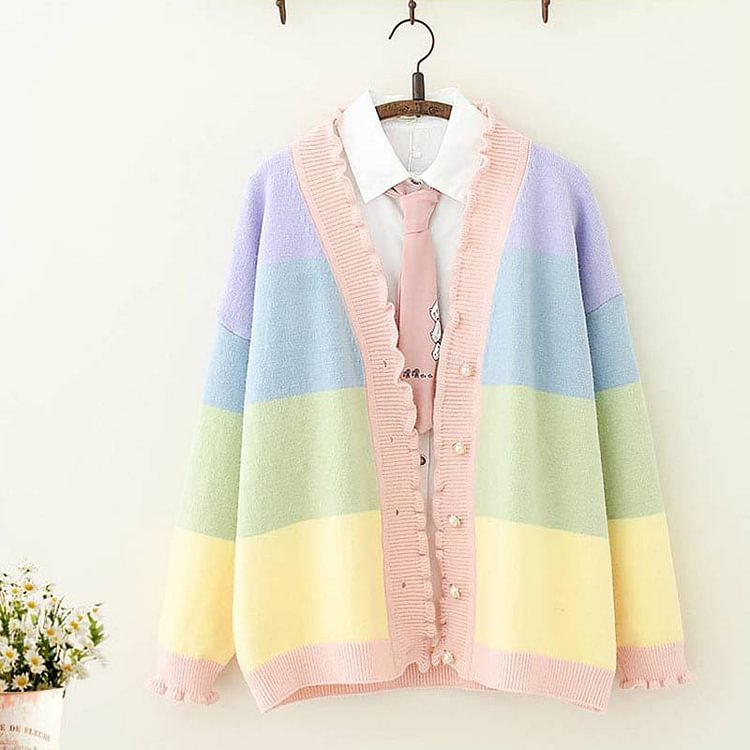 Rainbow Stripe Lace V-neck Cardigan Sweater - Modakawa Modakawa