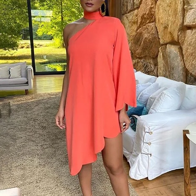 Vintage Women's Autumn Irregular Dress Sexy Halter One-shoulder Club Party Dress Elegant Long Sleeve Peacock Print Dress Vestido