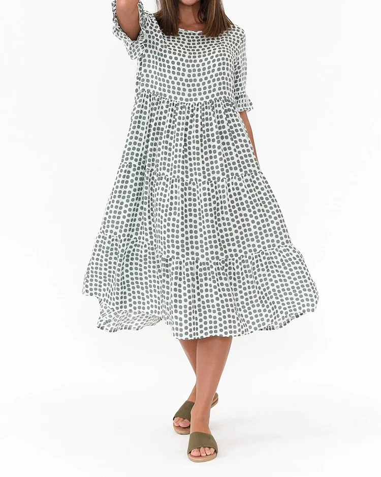 Polka Dots Green Lotus Leaf Sleeves Linen Beach Boho Dress VangoghDress