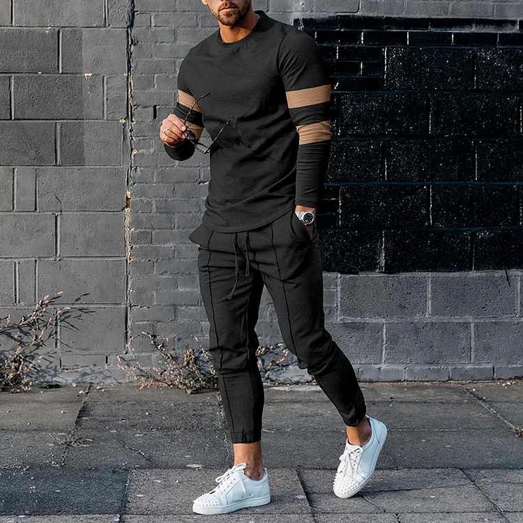 BrosWear Khaki Stripes Contrast Black Casual T-Shirt And Pants Co-Ord