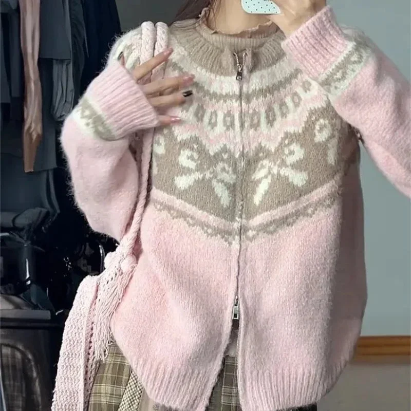 Toloer Pink Jacquard Bow Knitted Cardigan-Outfit Ideas