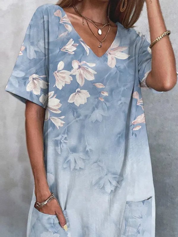 Women's Dresses V-Neck Print Pocket Short Sleeve Dress