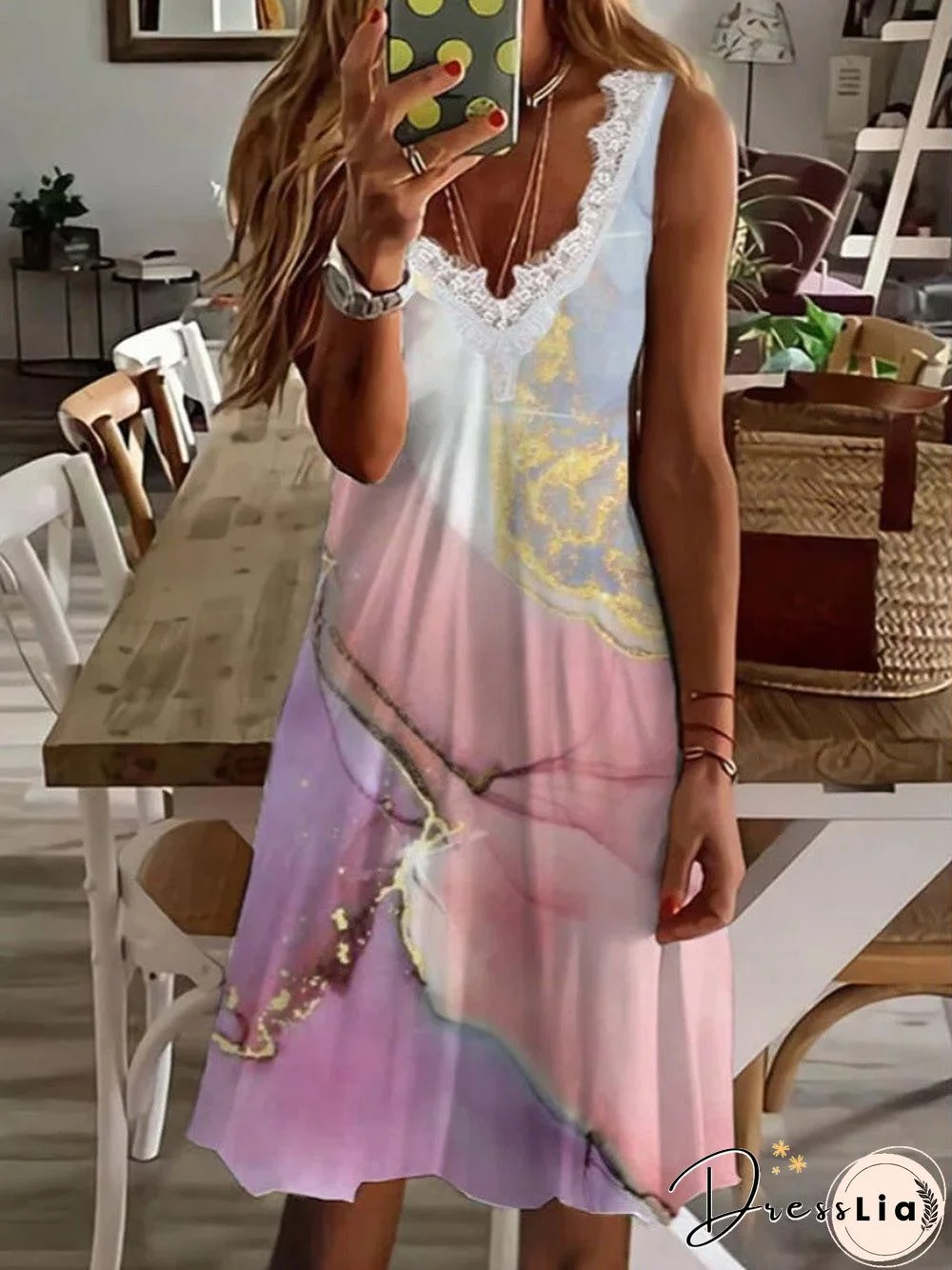 Women'S Dresses Casual Lace V-Neck Print Sleeveless Dress