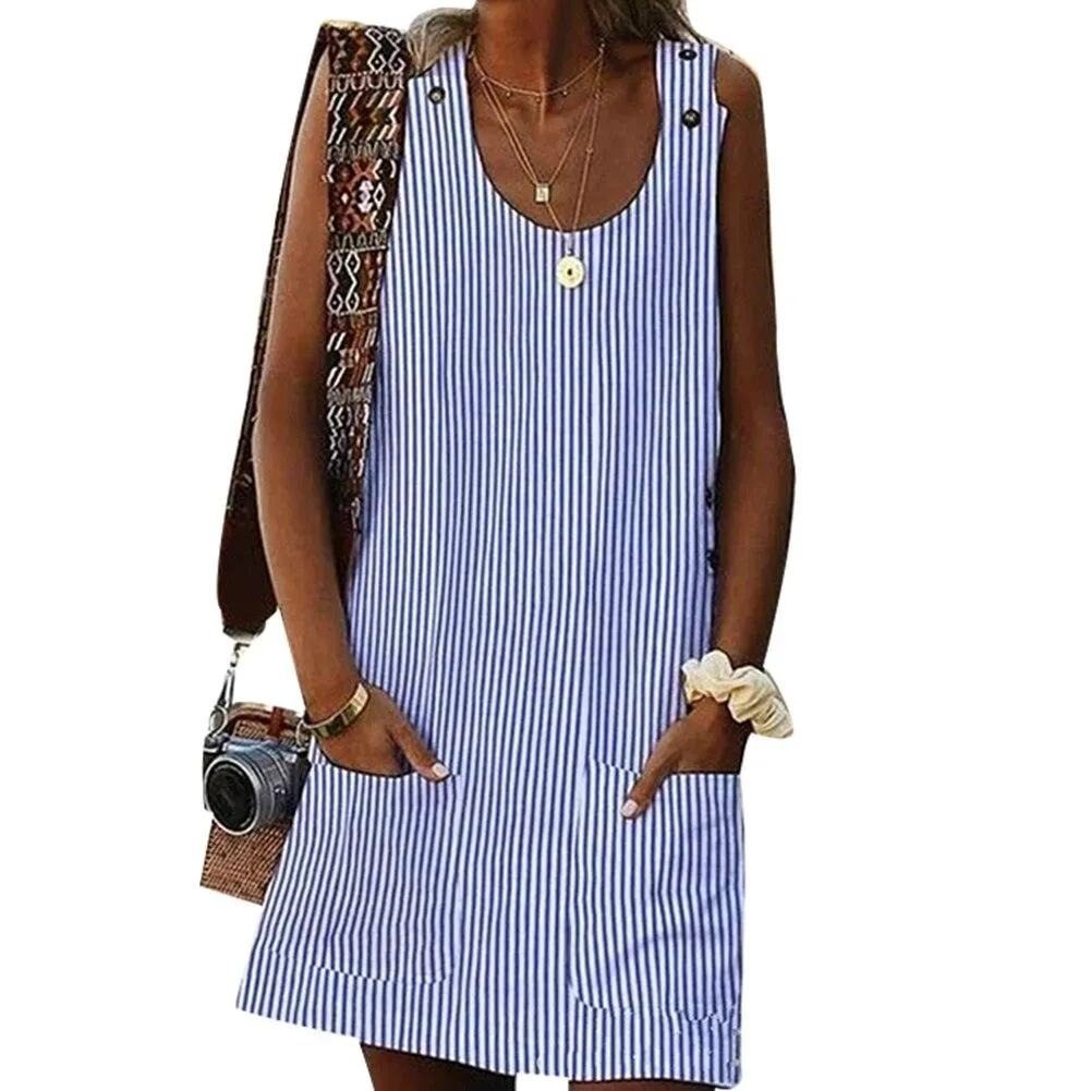 5XL Mini Summer Dress Women Summer Plus Size Striped Loose Sleeveless Mini Dress with Pockets Ladies Holiday Party Sundress