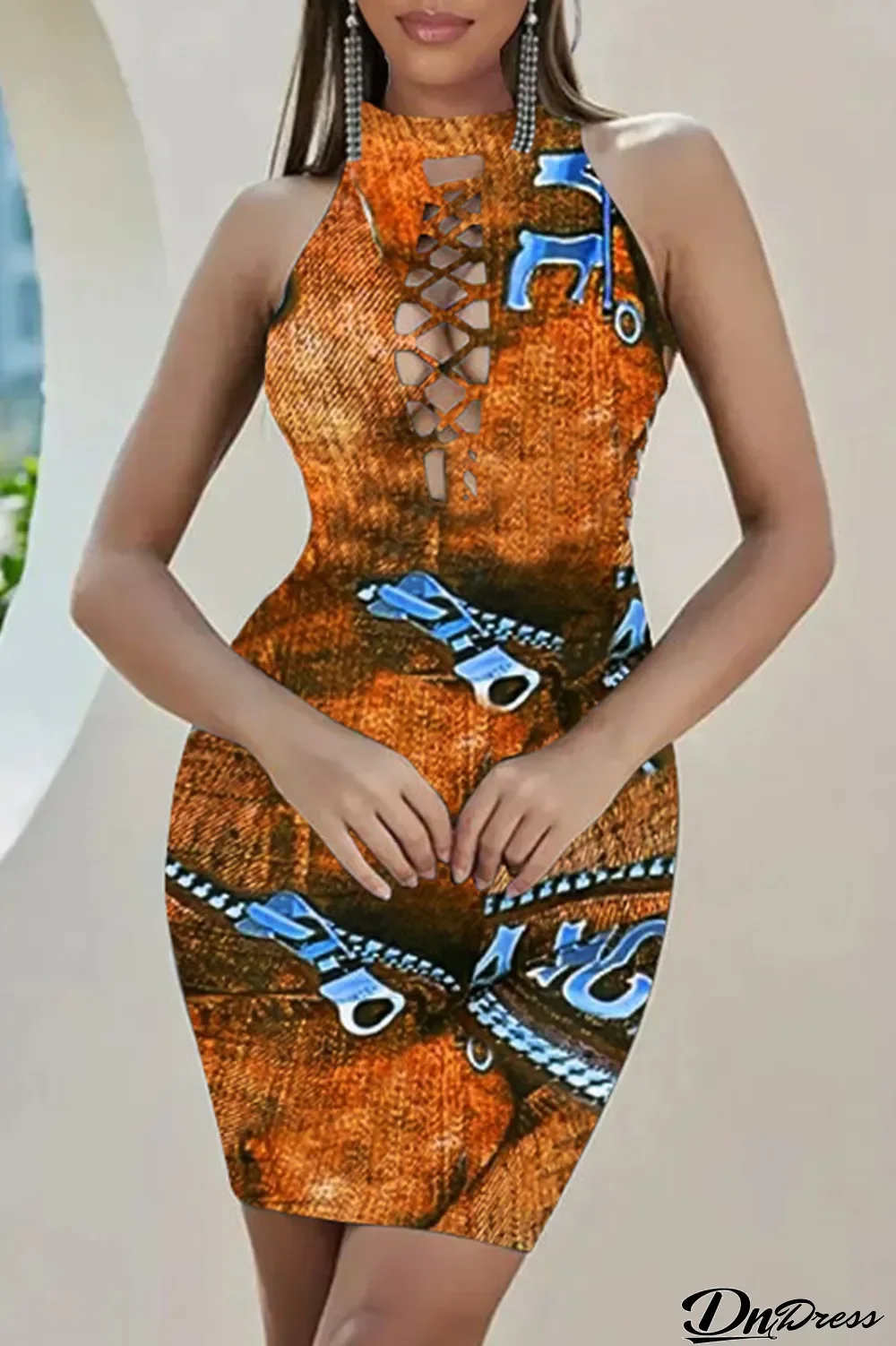 Yellow Sexy Print Split Joint Half A Turtleneck Pencil Skirt Dresses