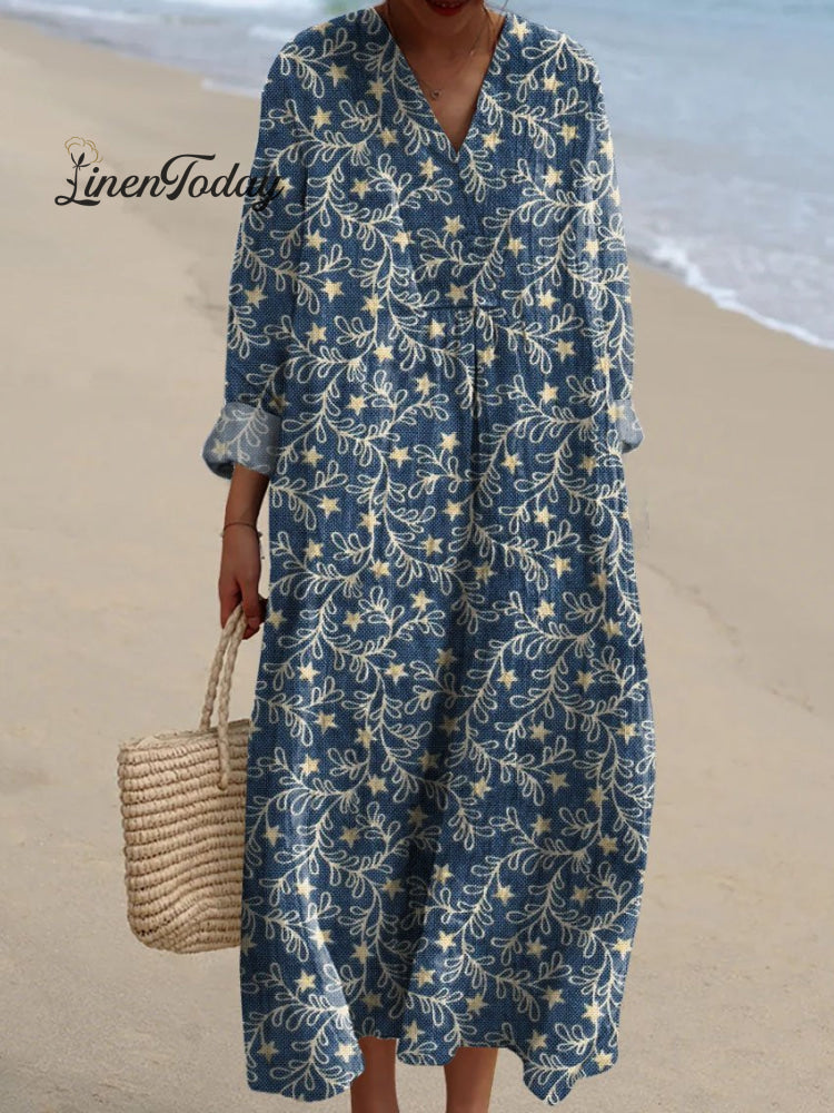 Women’s Vintage Lovely Floral Pattern Art Print Casual Dress Navy / S
