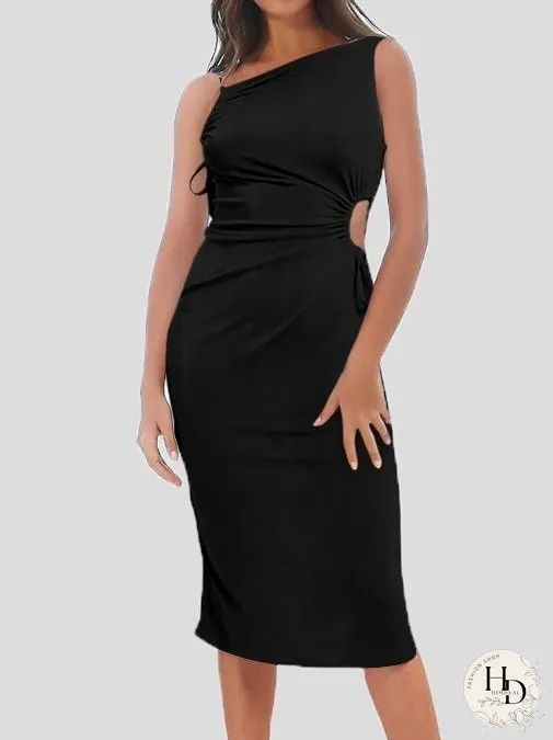 Dresses Sloping Shoulder Slim Hollow Drawstring Dress for Women