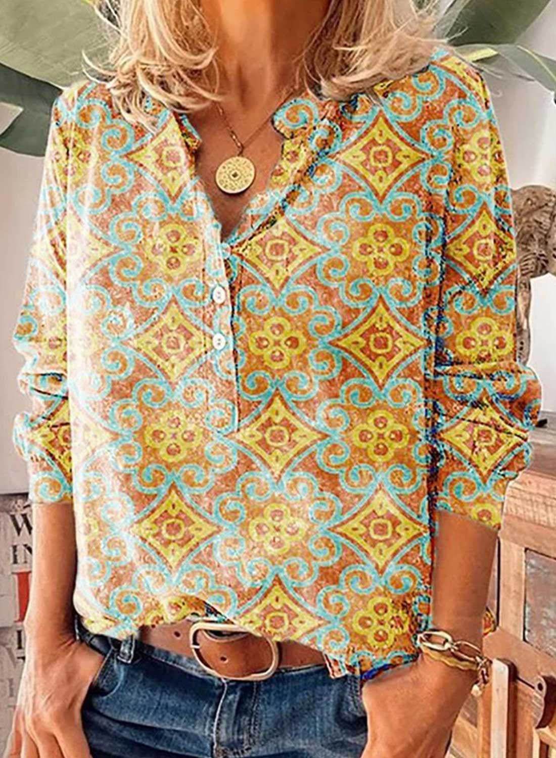 Women's Blouse Tribal Geometric Aztec Floral Print Geometric Long