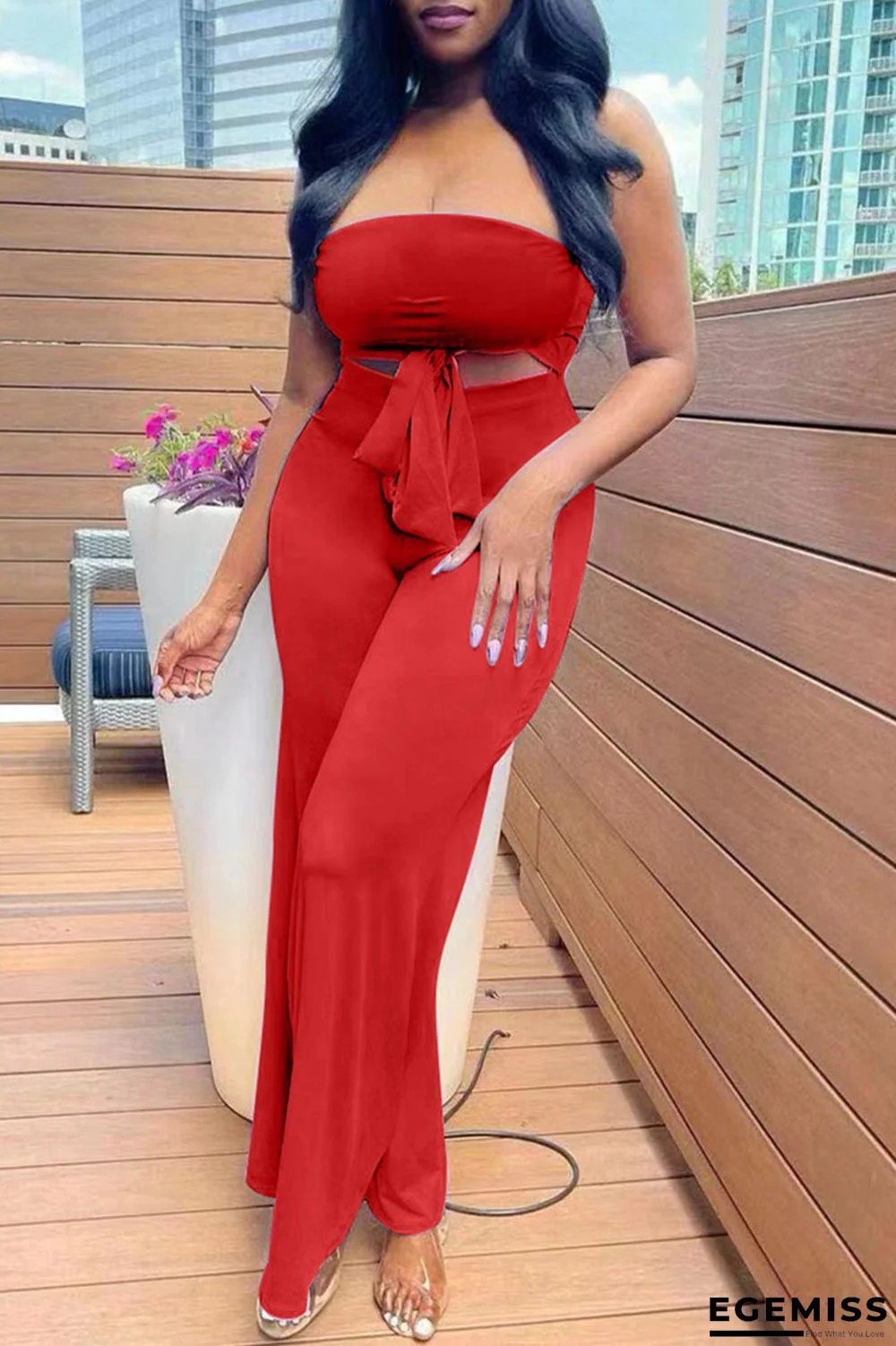 Red Sexy Casual Solid Hollowed Out Backless Strapless Regular Jumpsuits | EGEMISS