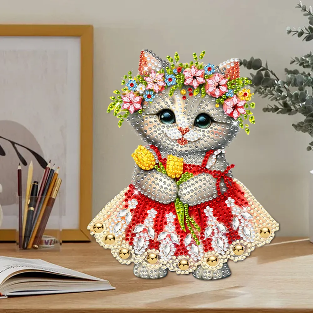 DIY Flower Cat Acrylic Shaking Head Diamond Painting Desktop Ornaments for Home Decor