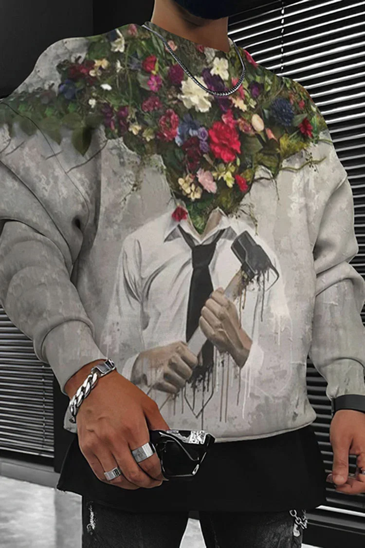 Tiboyz Round Neck Artistic Bouquet Print Long Sleeve Sweatshirt