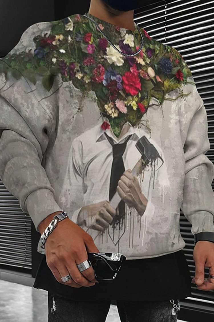 Tiboyz Round Neck Artistic Bouquet Print Long Sleeve Sweatshirt