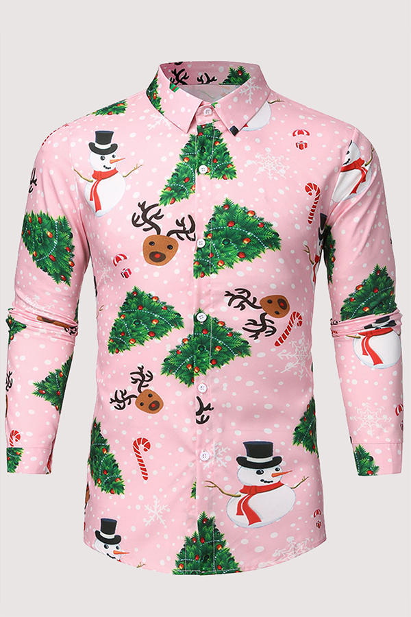 Pink Casual Street Santa Claus Christmas Tree Printed Buckle Turndown Collar Tops
