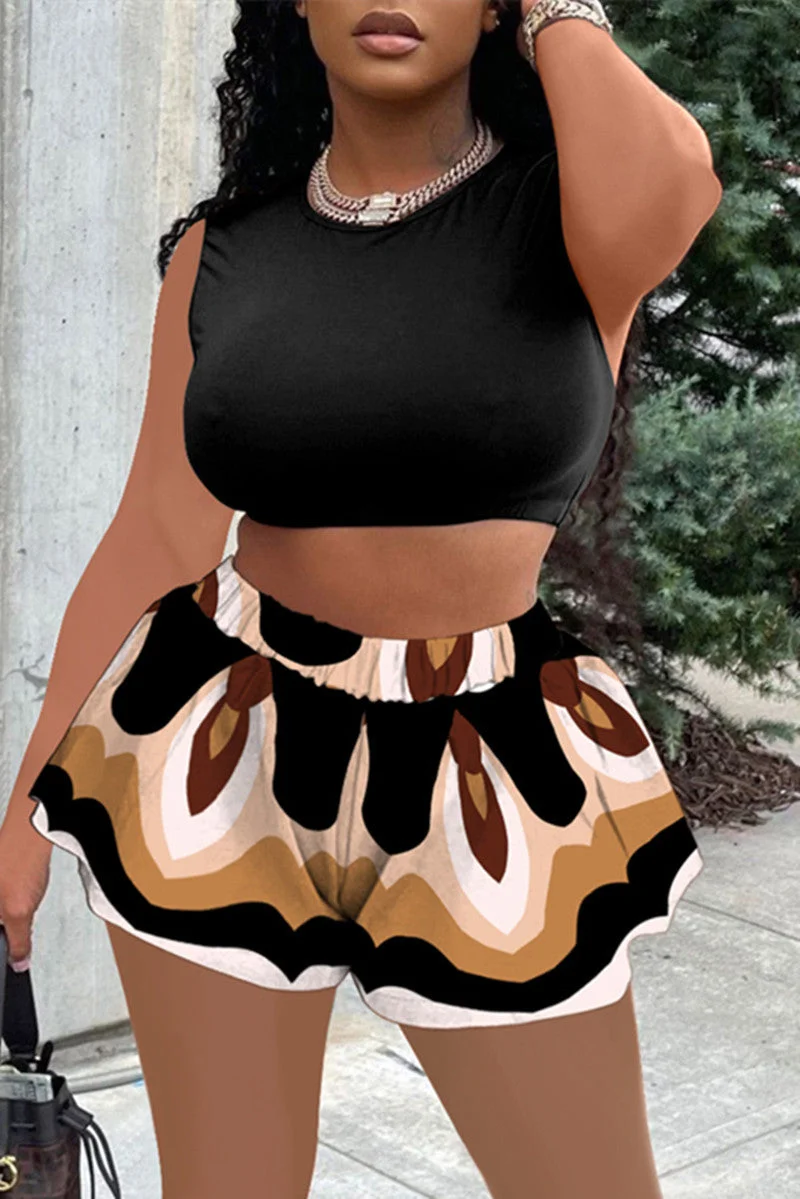 Sexy Casual Print Basic O Neck Sleeveless Two Pieces