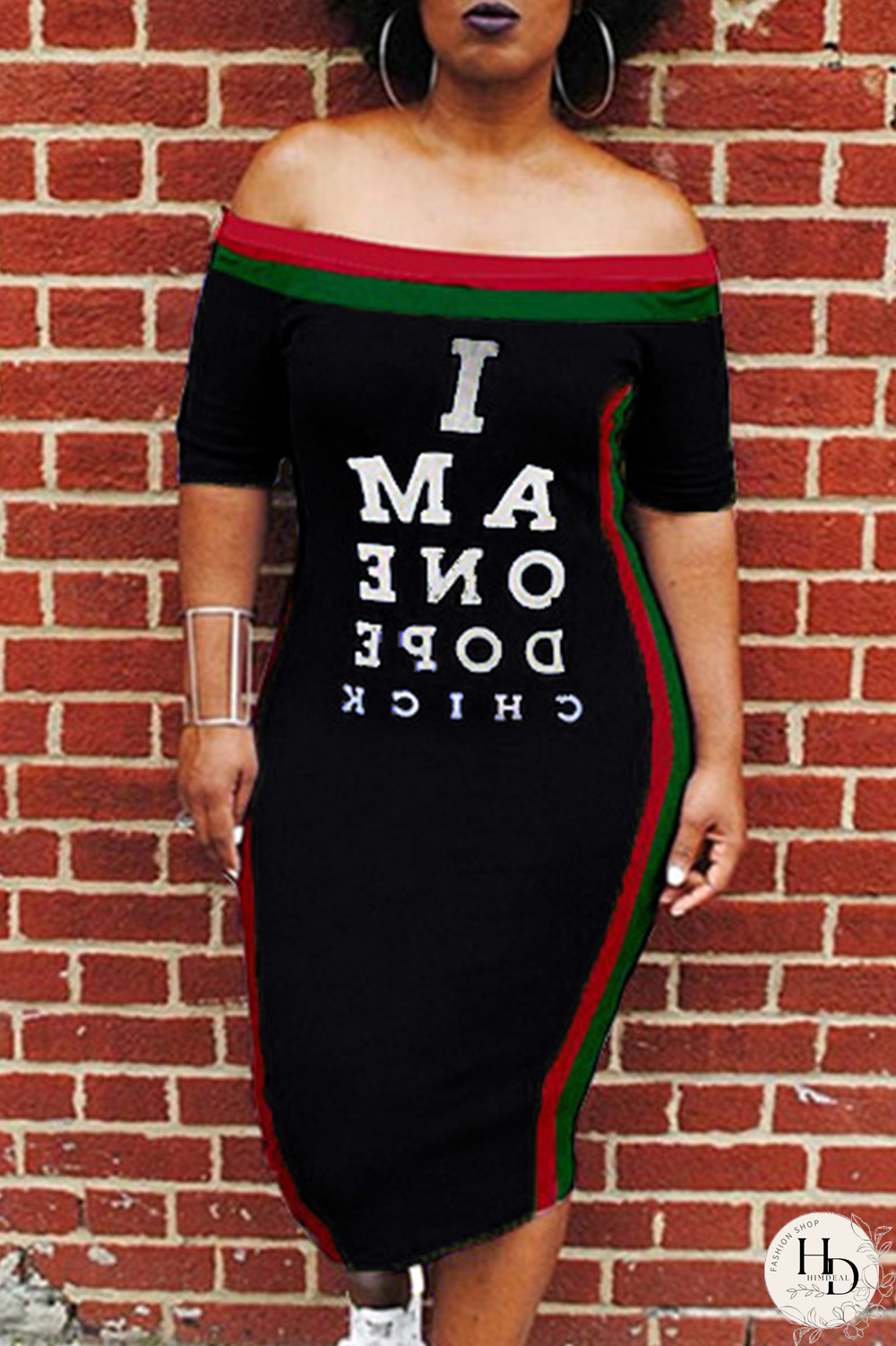 White Sexy Fashion Off The Shoulder Short Sleeves One word collar Step Skirt Mid-Calf Print Patchwork Pri