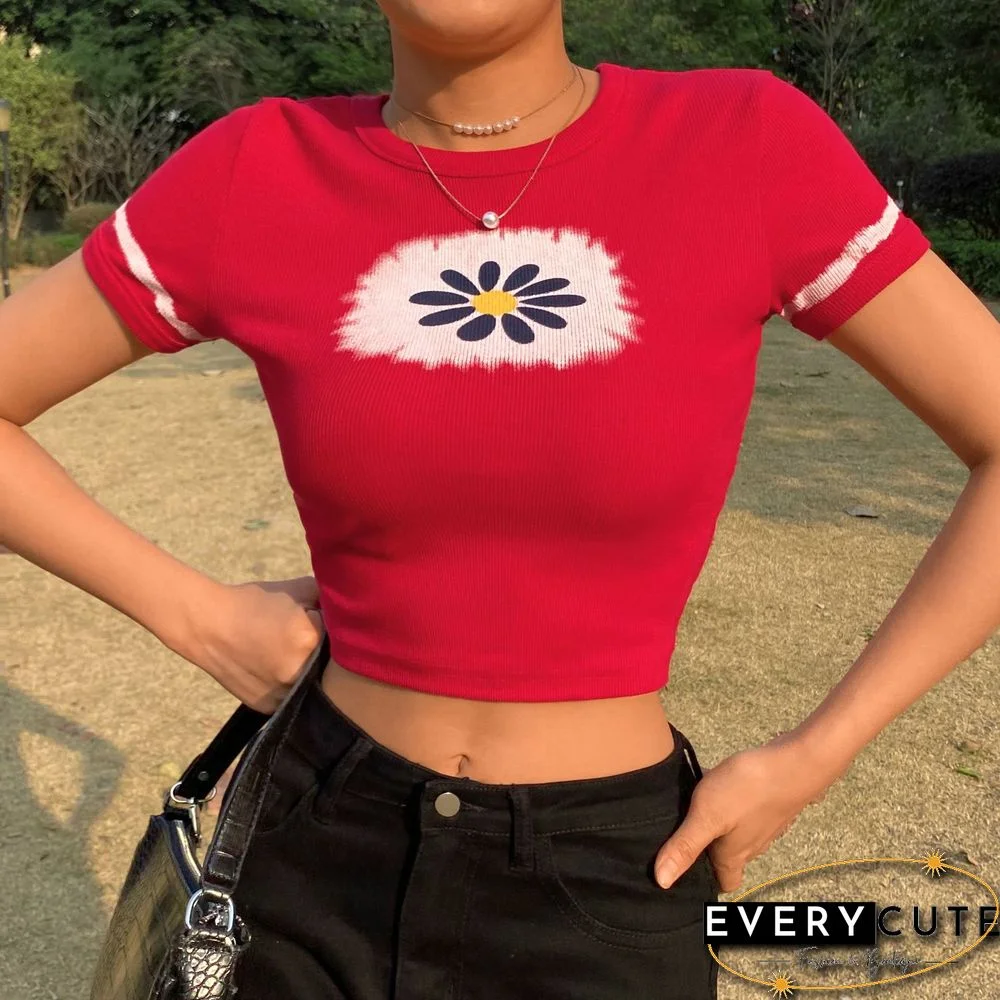 Printed Crop Top Knitted T Shirt Harajuku Tee Top Short Sleeve Tshirt O Neck Pullovers Women Casual Cute Top 90S