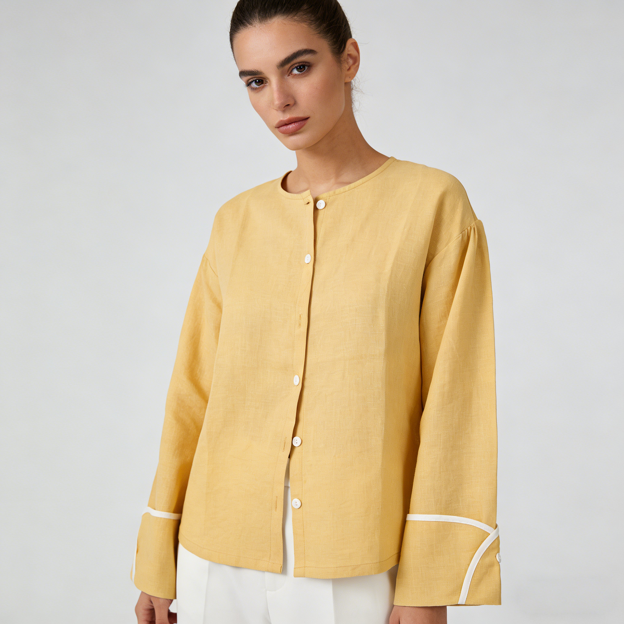 Linen Shirt Women 100% Linen Contrast Cuff Bell Sleeve Top REAL SILK LIFE