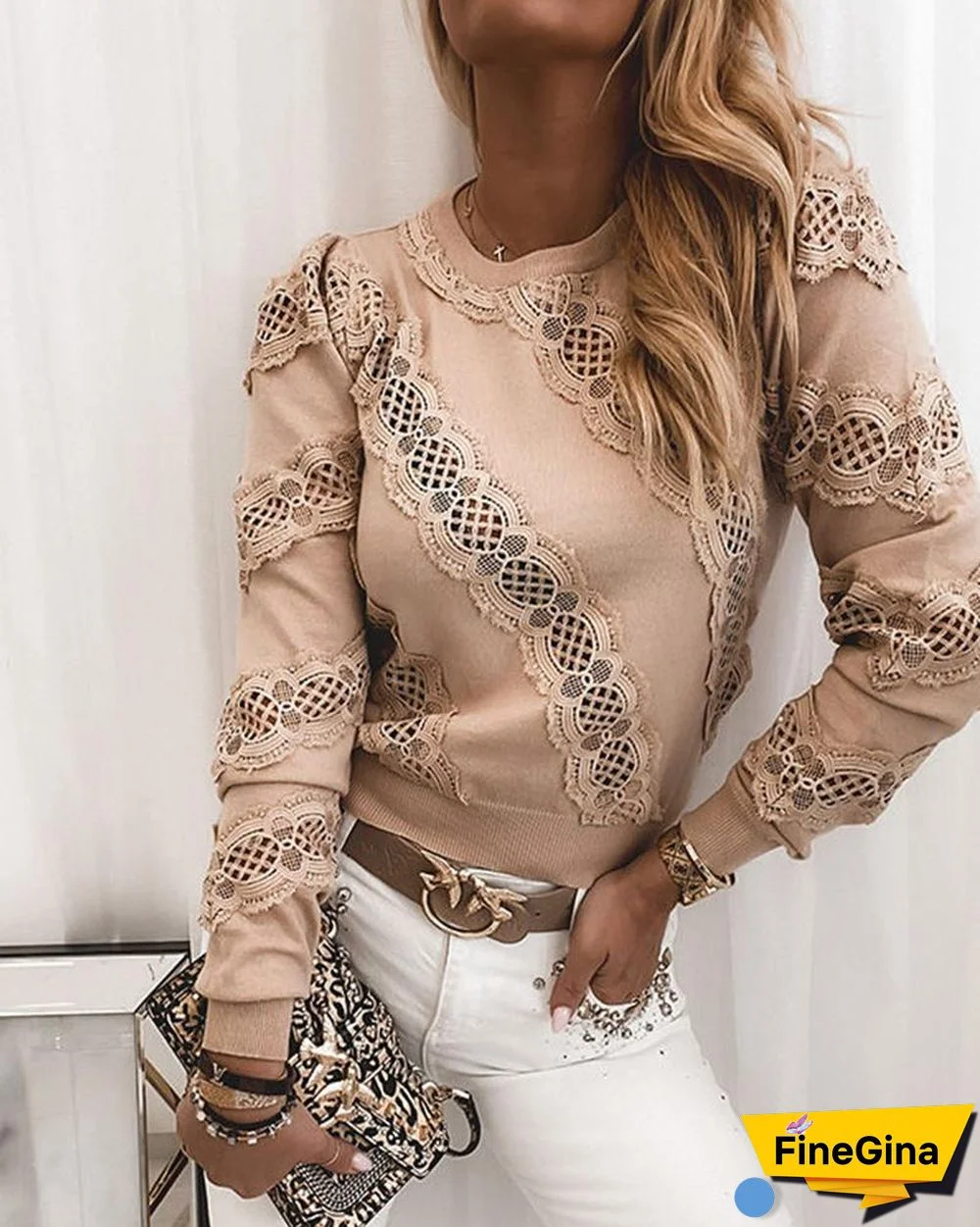 Winter Women Fashion Elegant Casual Solid Round Neck Stylish Pullover Sweaters Lace Stitching Long Sleeve Sweater