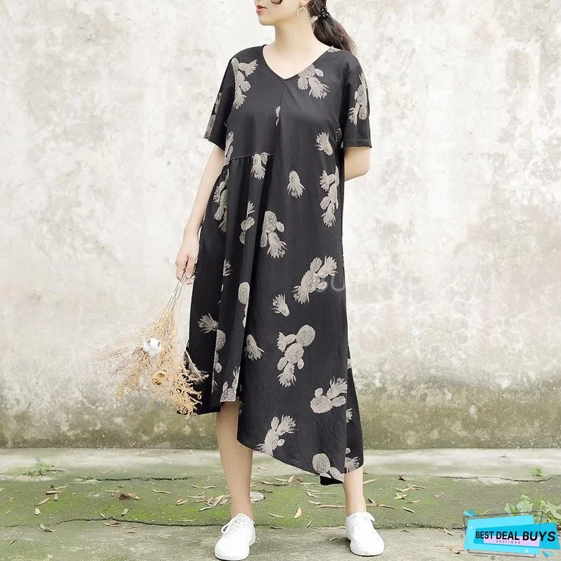 V-neck Loose Print Cotton Casual Summer Dress