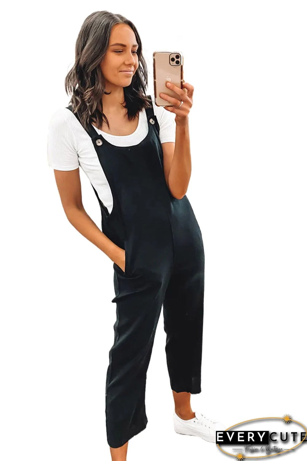 Black Button Straps Pocketed Cropped Jumpsuit