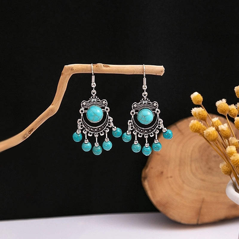 Bohemian Blue Turquoise National Style Earrings Imitation Miao Silver Metal Earrings Vintage Tassel Earrings